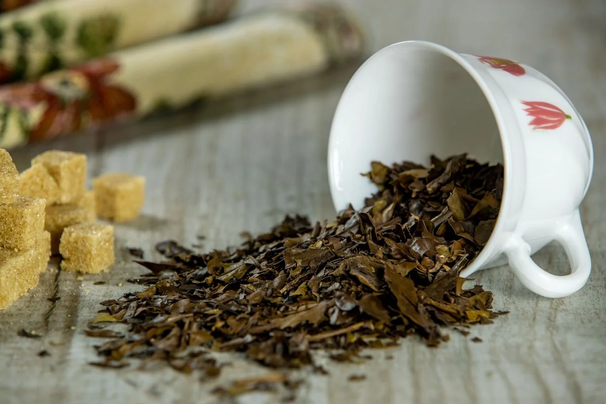 Feuilles de thé renversées à côté de morceaux de sucre